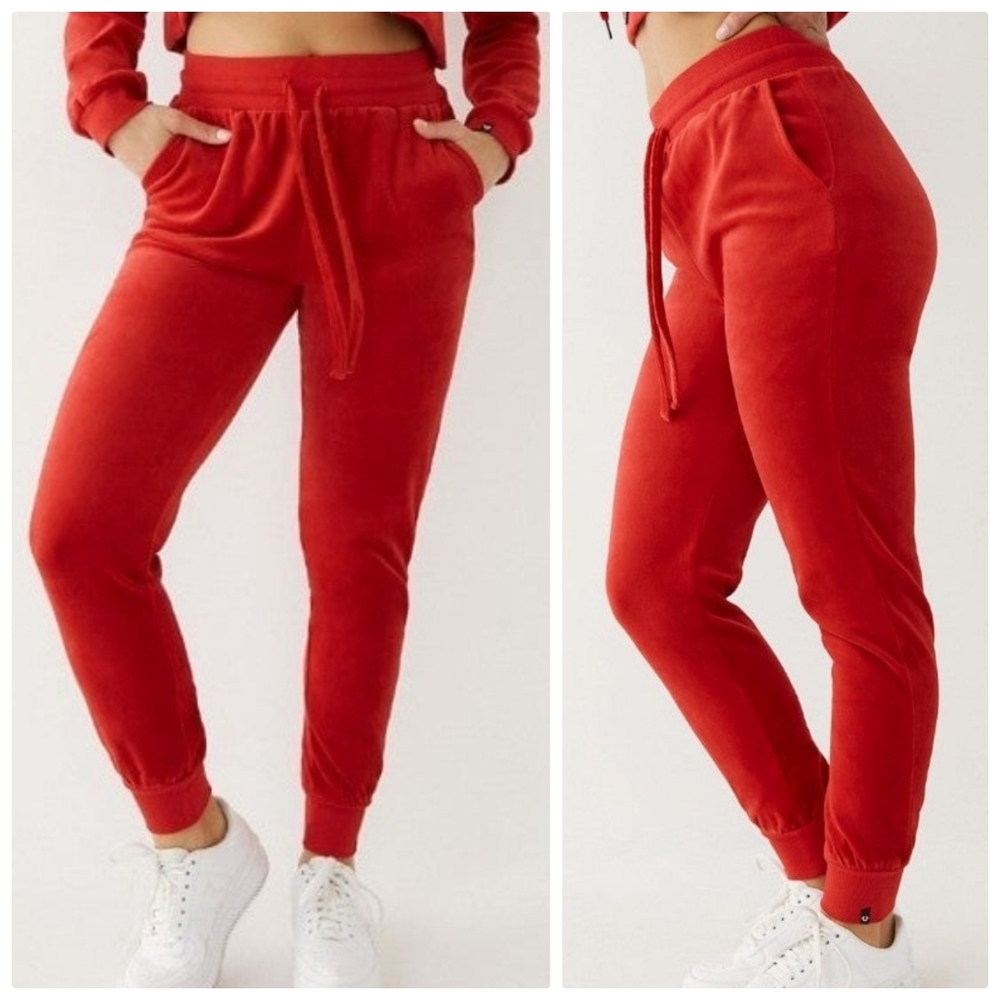 True Religion Red Velour Joggers Pockets Size S